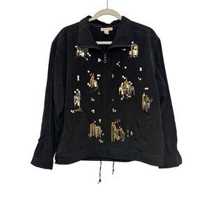 vintage Murali Embellished Zip-Up Jacket Womens PL Black Polyester Embroidery &